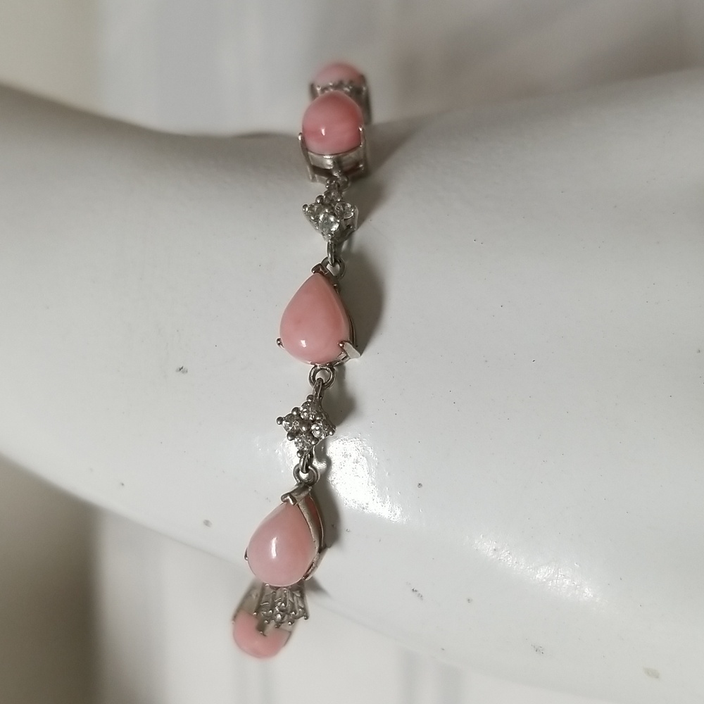 PERUVIAN PINK OPAL & WHITE ZIRCON, Adj. Sliding 7.25" Silver Bracelet EUC #37